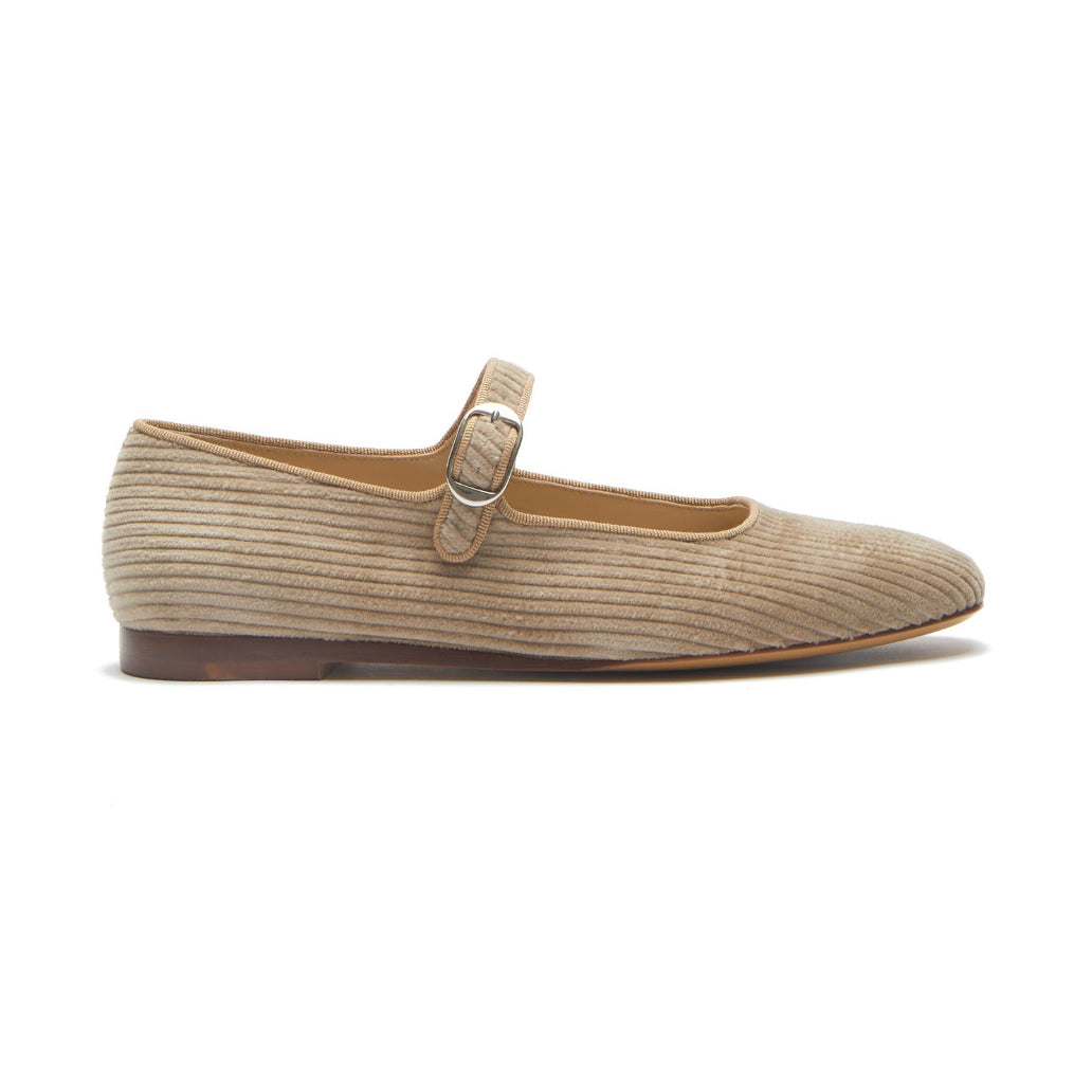 Side view of single Le Monde Beryl ballet Mary Jane in brown cotton corduroy