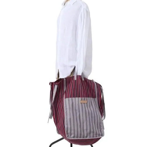 AMIACALVA easy bag rectangular tote with maroon, red and grey stripes, size large shown with mannequin