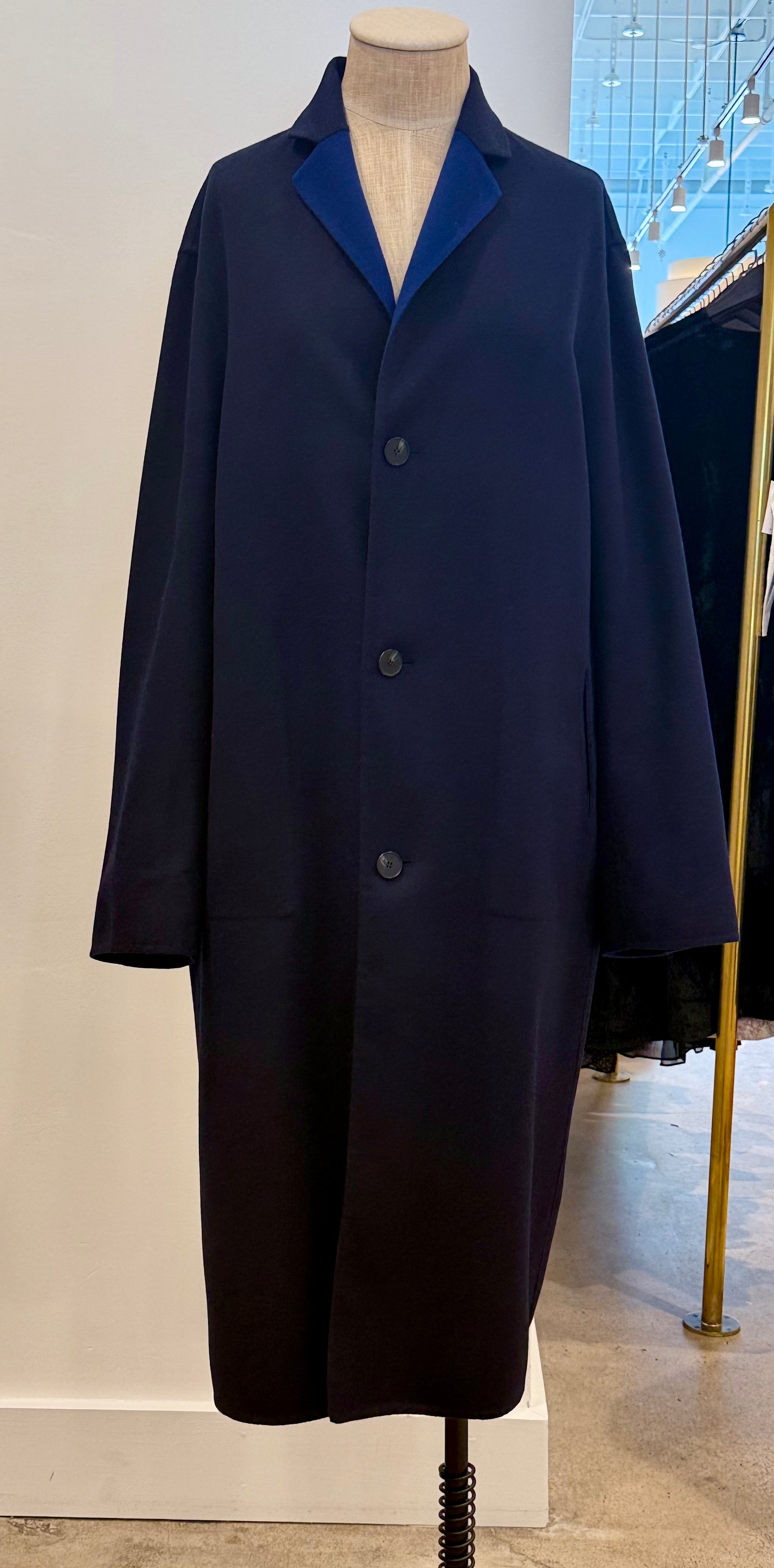 SOFIE D'HOORE blue cashmere Cite Coat shown on mannequin, reversed