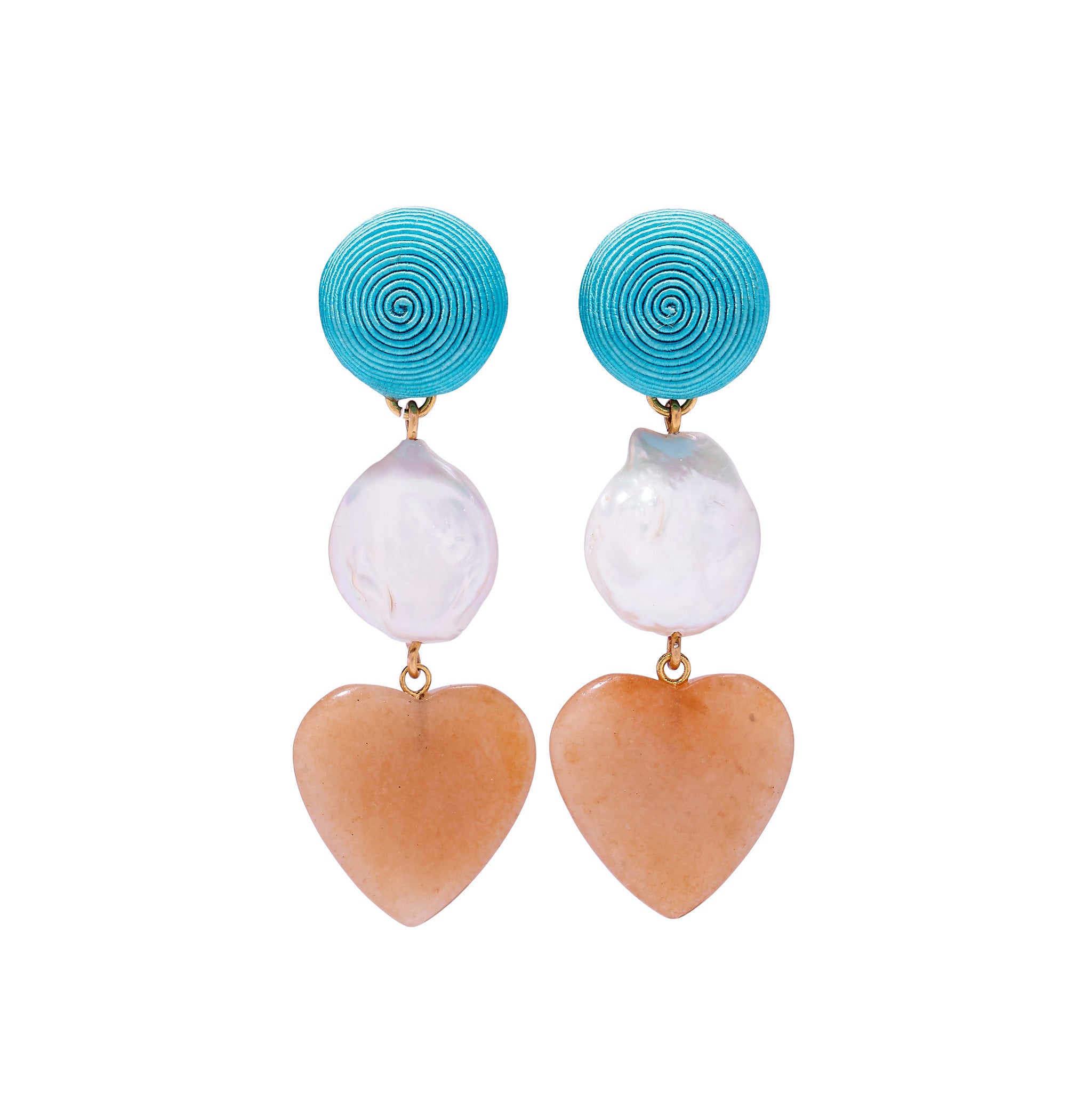 Lizzie Fortunato Enchanted Heart Earrings. Long statement earrings with teal silk coil tops, pearls, and hanging peach aventurine hearts.