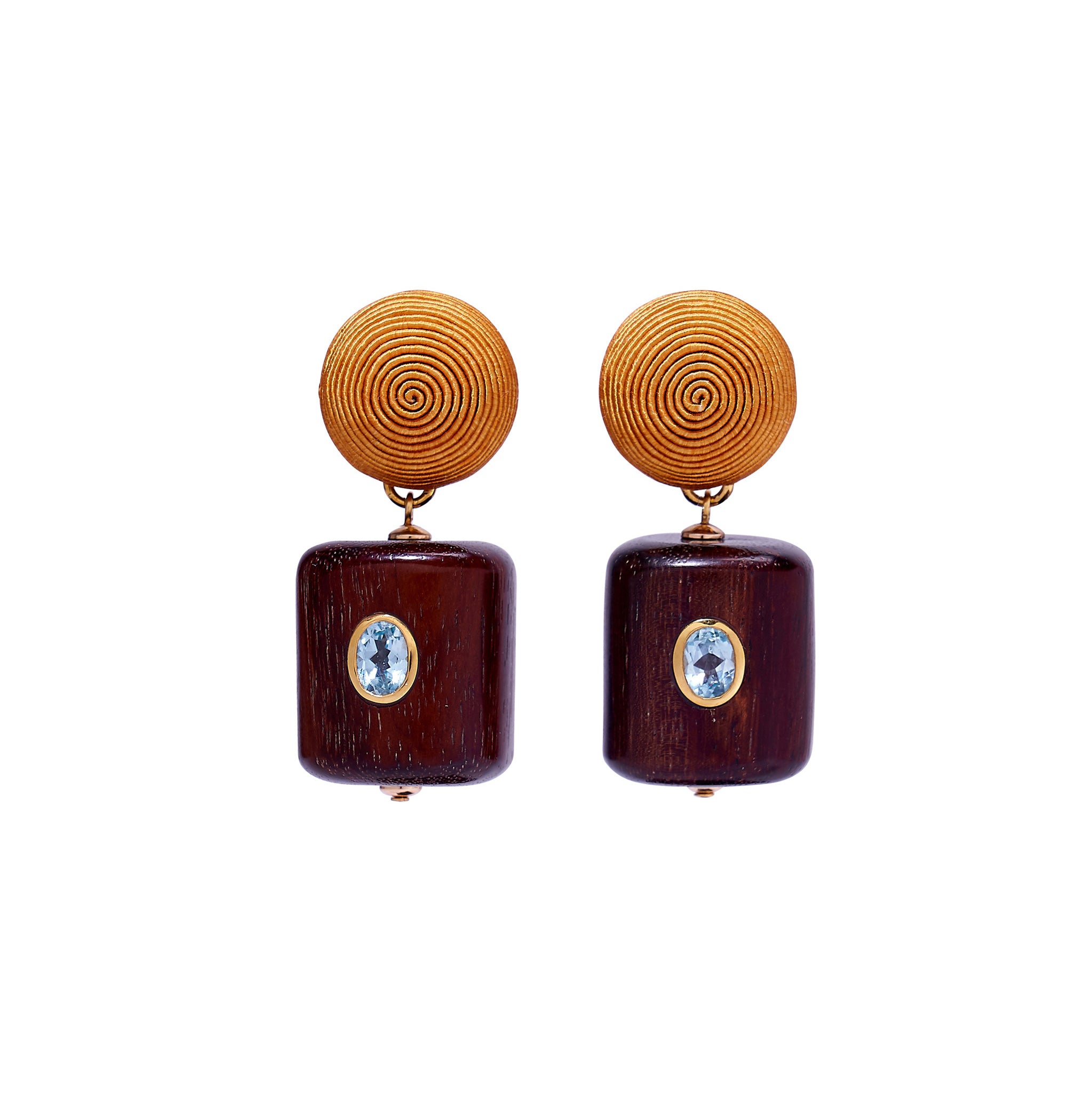 Lizzie Fortunato Lantern Earrings. With deep yellow silk cord tops and wood bead drops set with sky blue topaz stones.