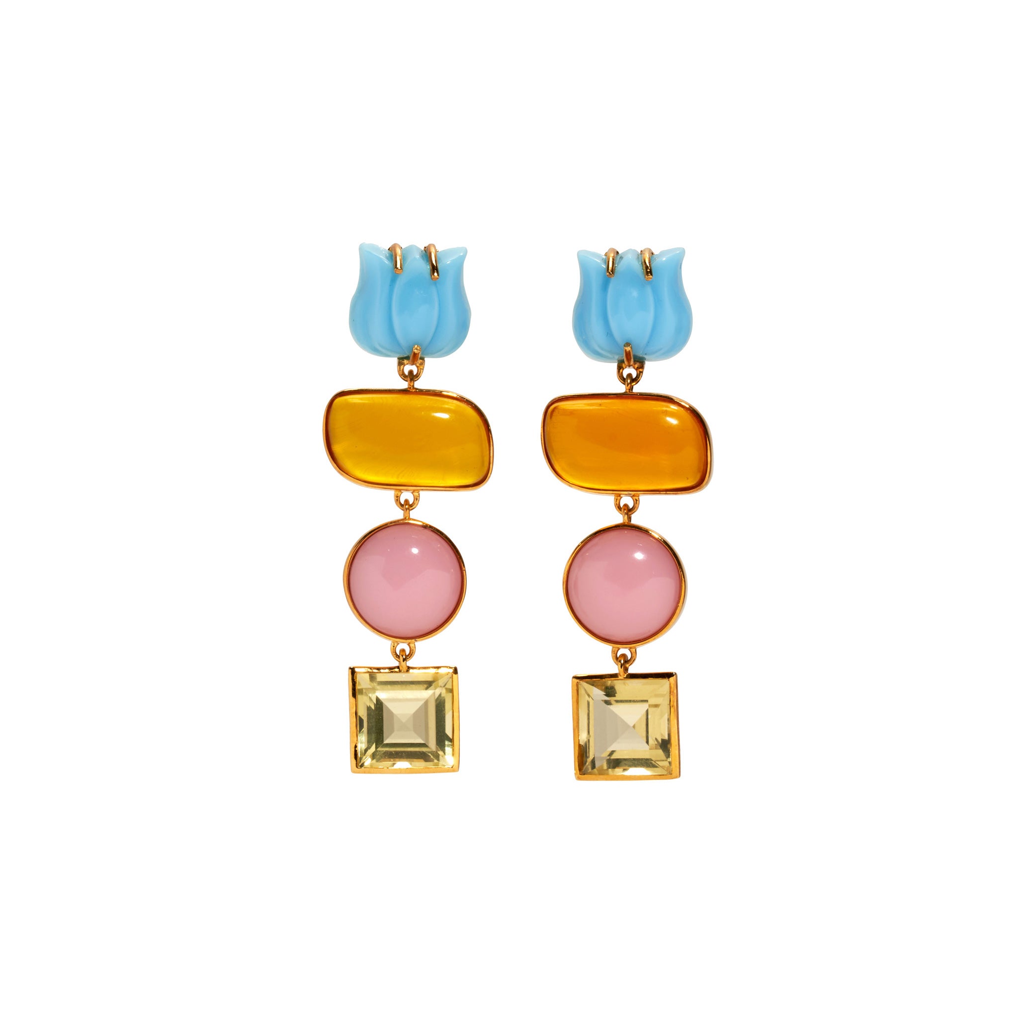 Lizzie Fortunato Tropical Tulip Earrings. Blue vintage glass tulip tops and hanging amber, pink quartz, and faceted lemon quartz stones.
