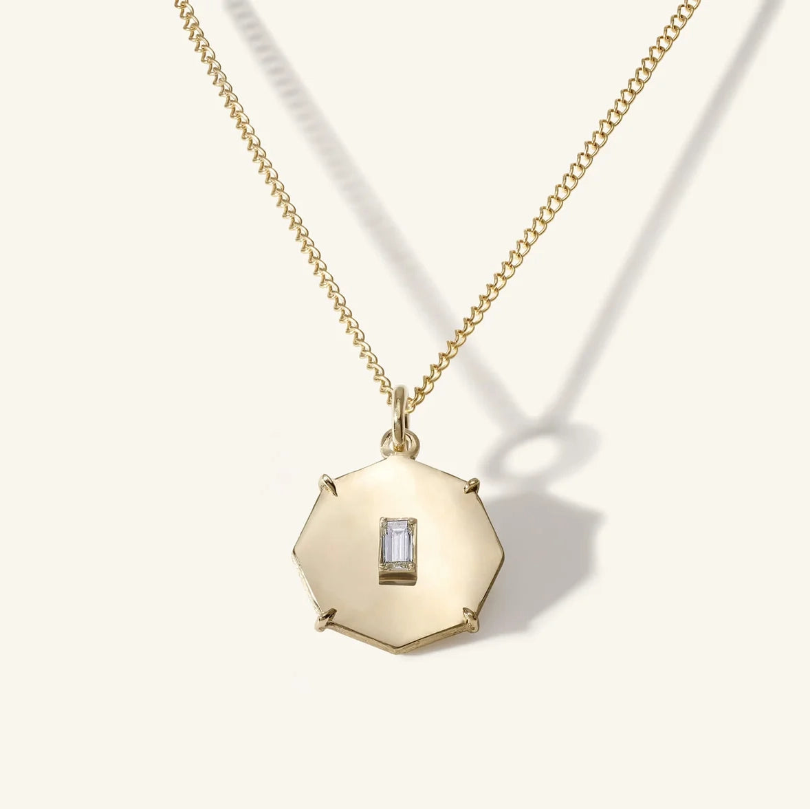 Zahava Mini Shiny Art Octagon, with gold shape and baguette diamond on gold chain