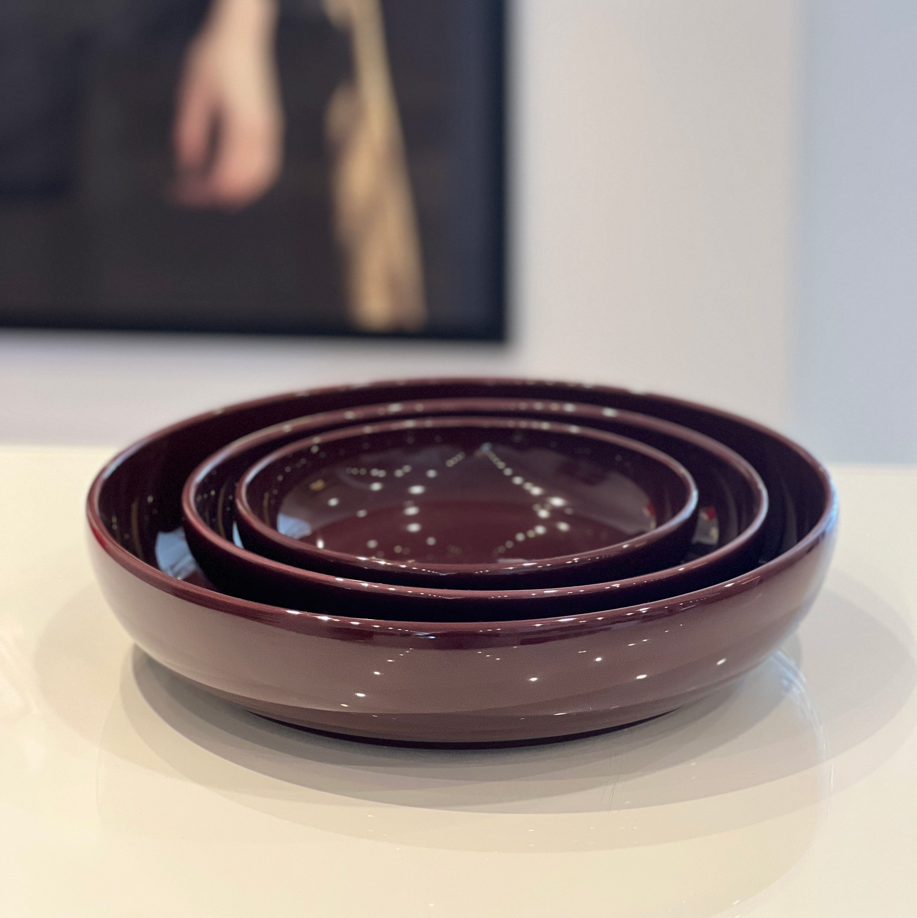 R+D.LAB Bilancia Medium Flat Bowl, set of three nested plum ceramic bowls