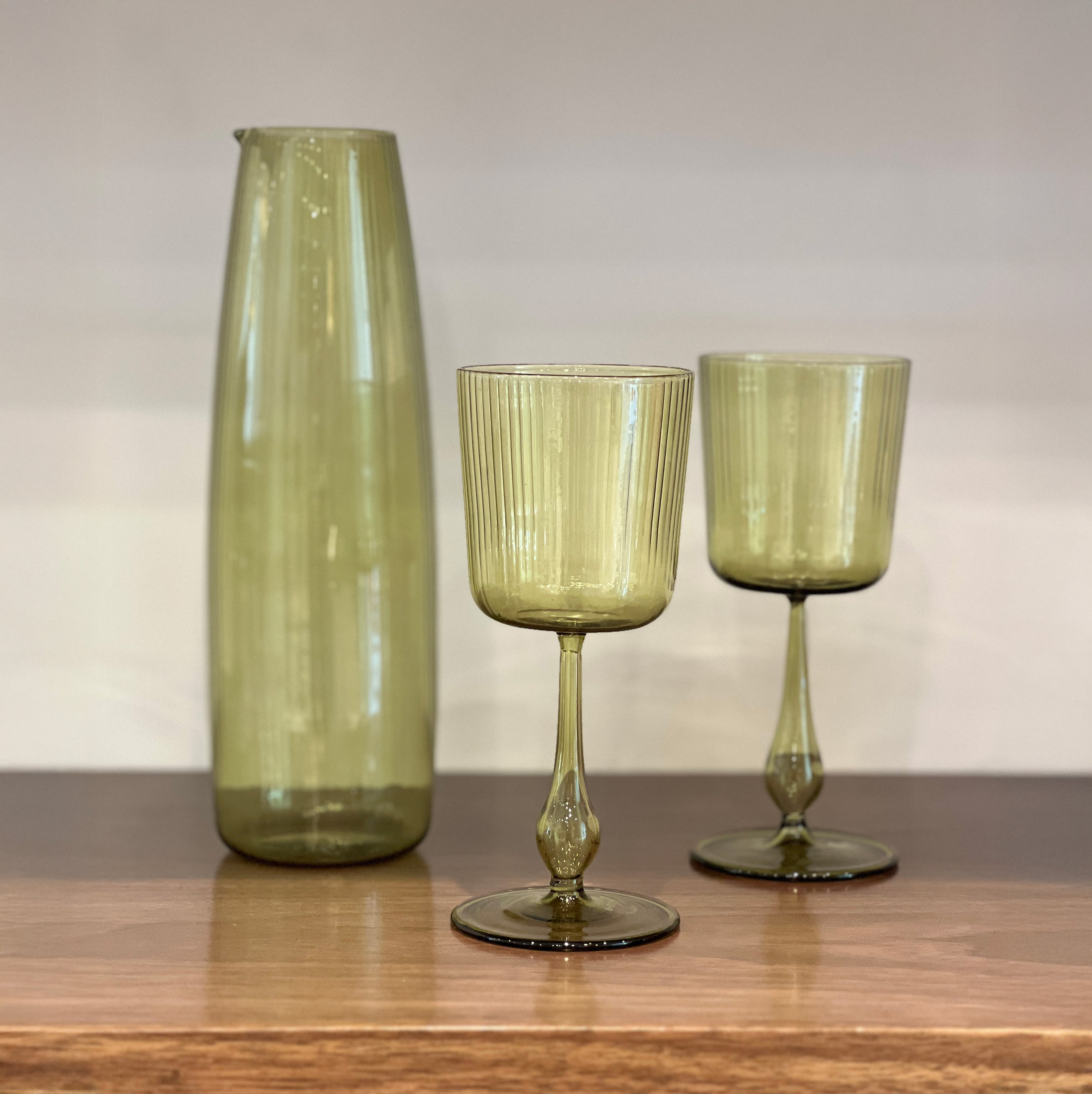 R+D.LAB Luisa Calice Wine Glasses, olive green ribbed glasses with matching tall jug